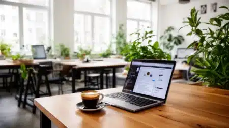 Espace de coworking moderne pour travailleurs indépendants avec mobilier en bois et lumière naturelle abondante.