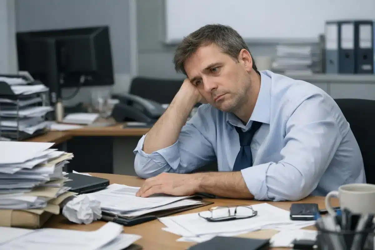 Homme d'affaires stressé et fatigué dans un bureau encombré.