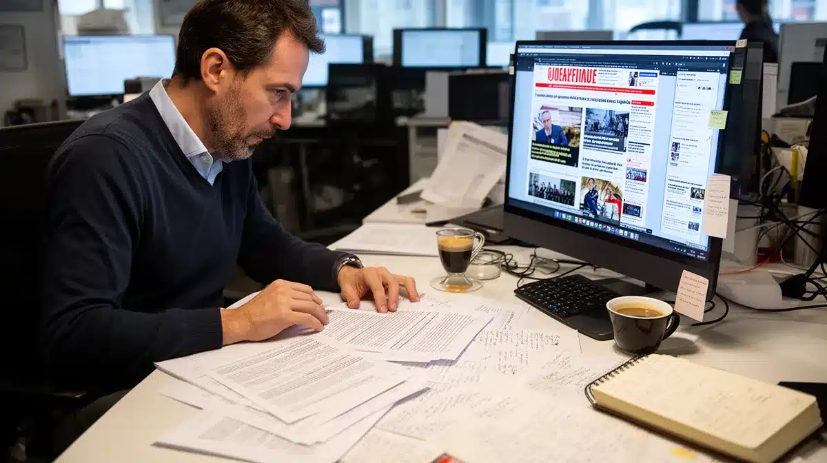 Homme d'affaires travaillant sur des documents dans un bureau avec ordinateur.