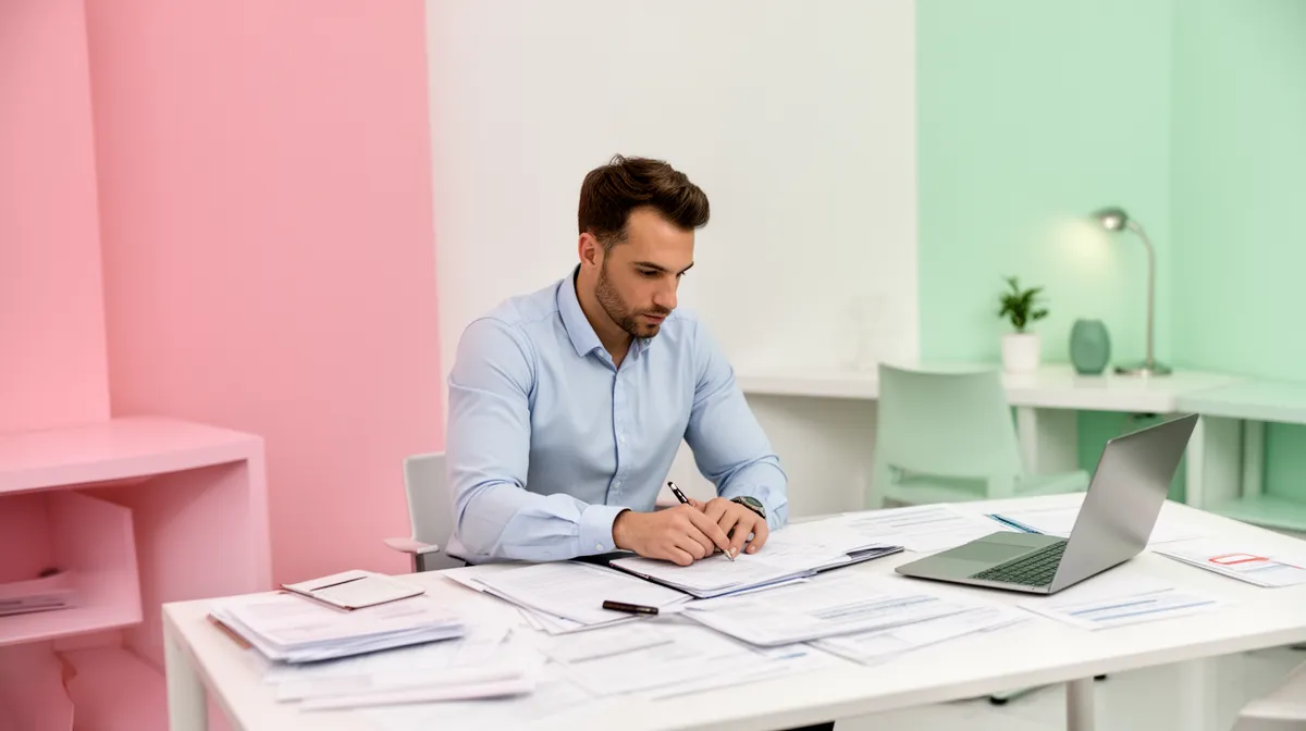 Un homme d'affaires travaillant sur des documents dans un bureau coloré.