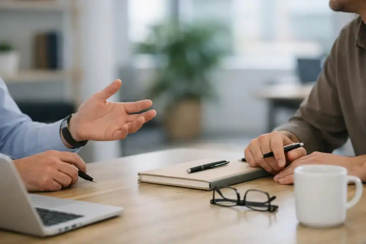 Deux personnes discutent et prennent des notes dans un bureau.