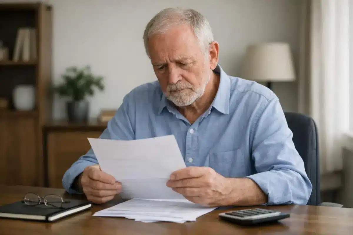 Un homme âgé concentré sur des documents sur son bureau.