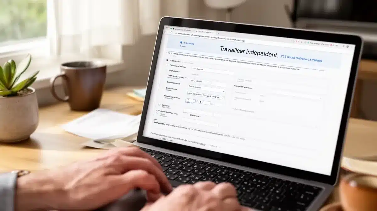 Ordinateur portable affichant un formulaire en ligne pour travailleurs indépendants.