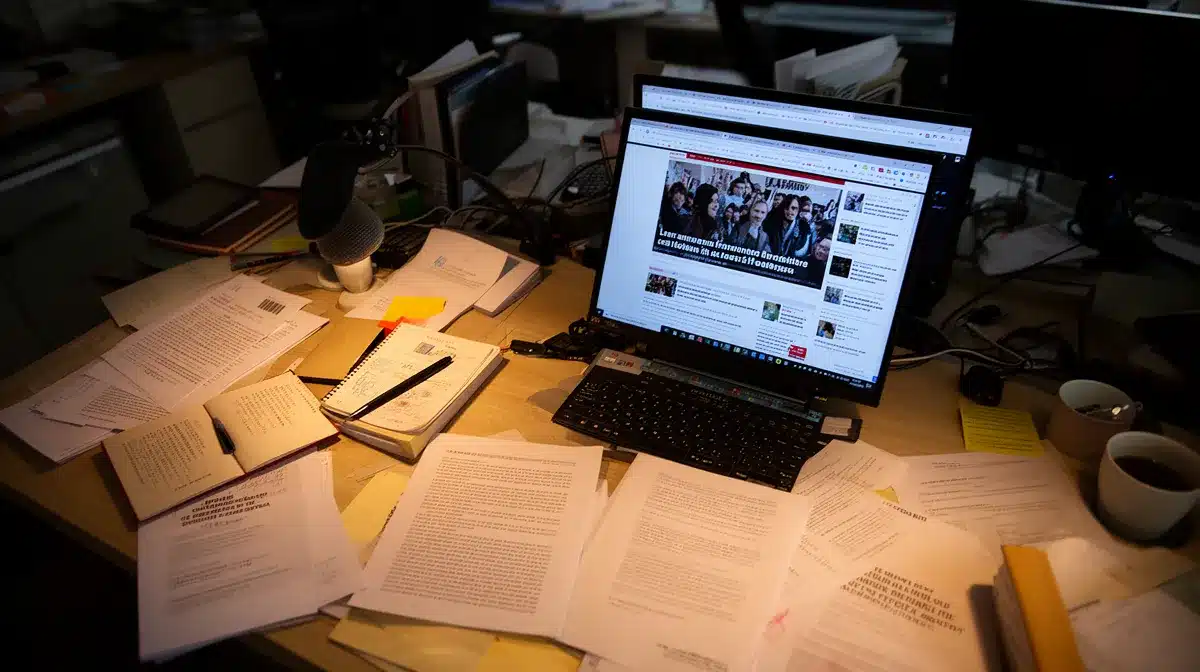 Bureau de travail encombré avec documents et ordinateur portable.