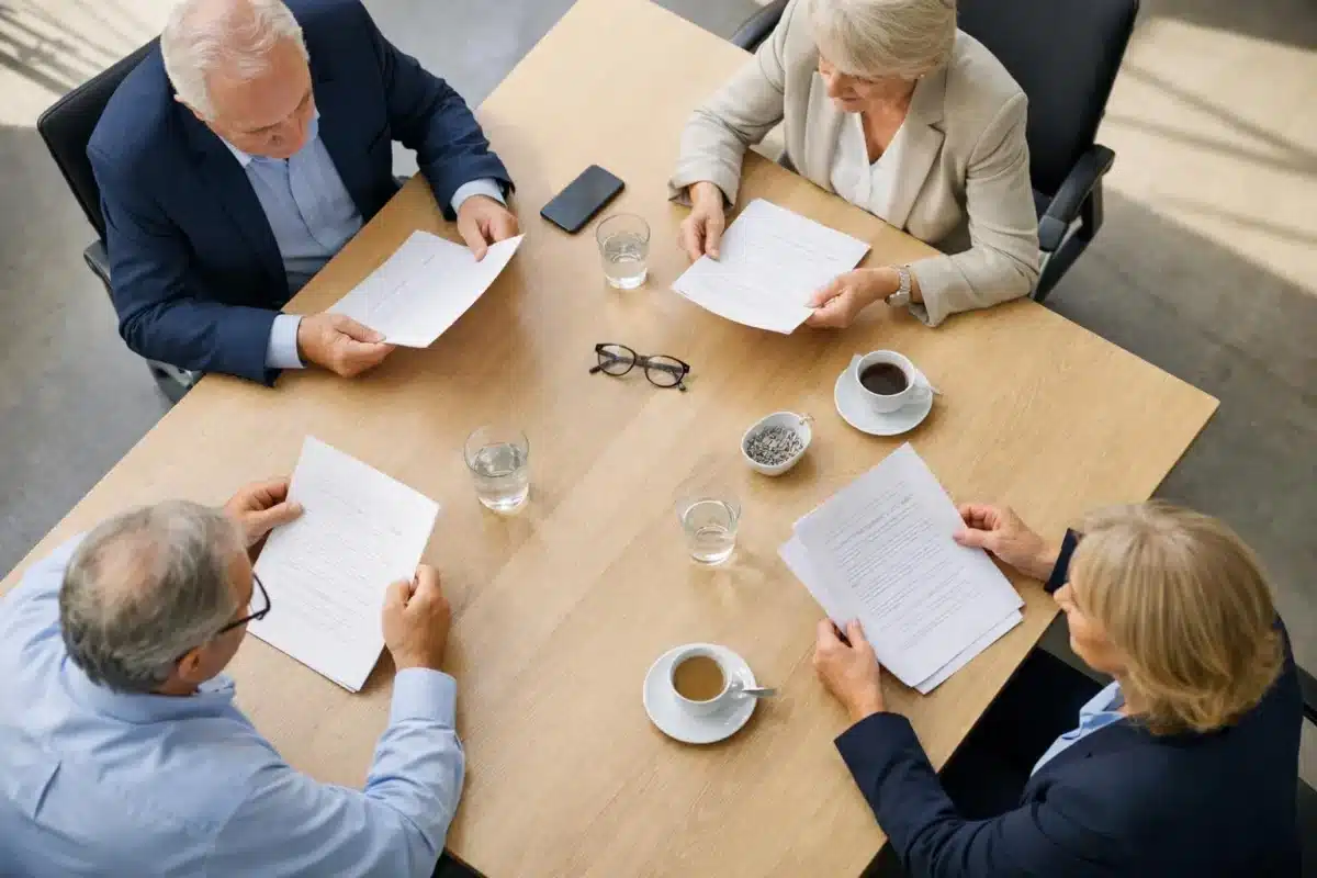 Réunion d'affaires avec des personnes âgées examinant des documents.